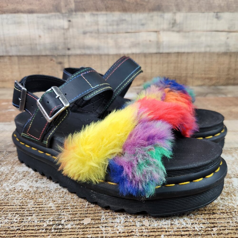 Dr Martens Voss II Fluffy Women's Size 7 Black Rainbow Sandals Faux Fur Straps